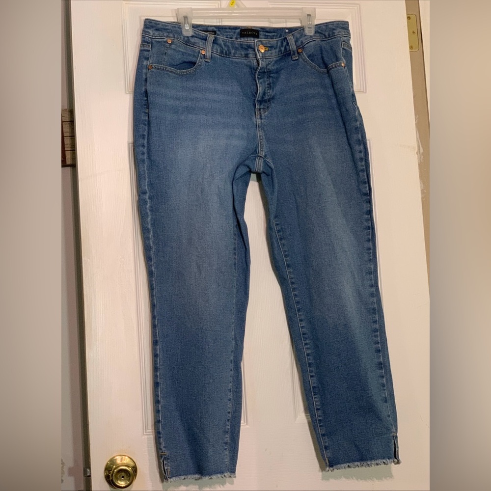 Talbots Jeans Womens 14W Blue Slim Ankle Stretch Denim Medium Wash Frayed Hem